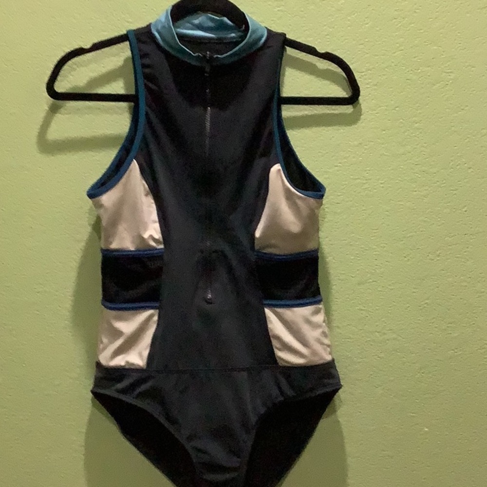 Zella surf swimming suit front zip mesh inserts seamed shaped size S